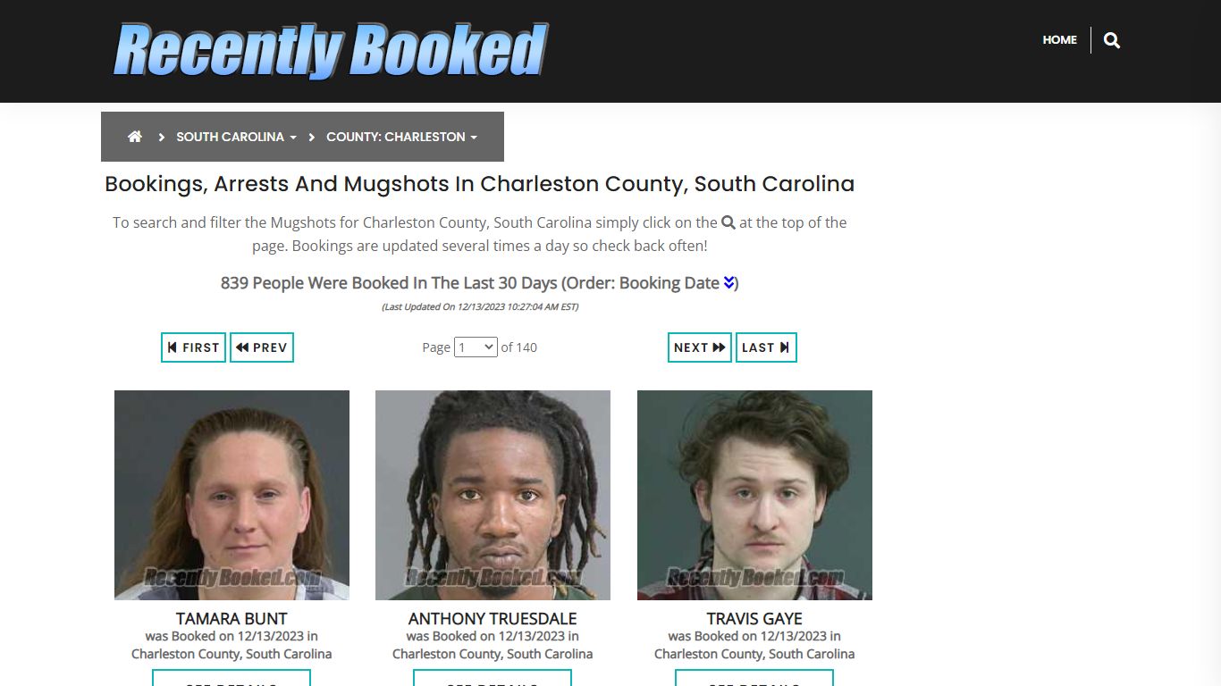 Bookings, Arrests and Mugshots in Charleston County, South Carolina